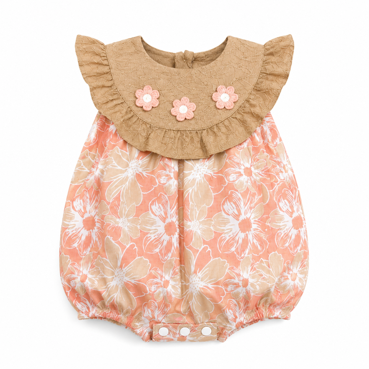 Baby Girls Floral Bubble Romper with Embroidered Ruffle Yoke One-piece